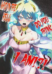 1girl absurdres ahoge angry aqua_eyes aqua_hair bare_shoulders breasts cape cleavage commentary cross-shaped_pupils dress earrings english_text from_above fukou gold_choker highres jewelry large_breasts long_hair looking_at_viewer nia_teppelin off_shoulder open_mouth simple_background solo standing symbol-shaped_pupils tengen_toppa_gurren_lagann white_cape white_dress wide_sleeves