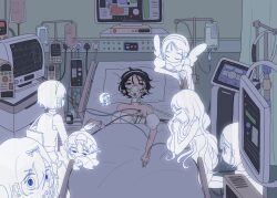 6+girls alien_stage angel_wings bed black_hair blanket blood blood_on_clothes coldmeow dark detached_sleeves dress hairband half-closed_eyes highres hospital hospital_bed indoors looking_at_another multiple_girls multiple_persona on_bed oxygen_mask pillow puffy_short_sleeves puffy_sleeves purple_eyes short_hair short_sleeves sua_(alien_stage) white_dress white_hairband wings