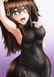 Rule 34 | 1girl, animal ears, arm up, armpits, black bodysuit, bodysuit, breasts, brown hair, covered navel, cowboy shot, ear covers, ear ornament, fang, gradient background, green eyes, hair between eyes, highres, horse ears, horse girl, horse tail, inari one (umamusume), large breasts, long hair, official alternate costume, sidelocks, solo, stellarsugar07, tail, umamusume