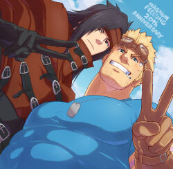 2boys anniversary aviator_sunglasses bandaid bandaid_on_head bara beard_stubble black_gloves black_hair black_shirt blonde_hair blue_eyes blue_shirt brown_gloves cid_highwind cigarette cloak cloud cloudy_sky covered_abs covered_pectorals dog_tags english_text facial_hair final_fantasy final_fantasy_vii from_below gloves goggles goggles_on_head grin jewelry leather leather_gloves looking_at_viewer magnum_feering male_focus multiple_boys necklace pectorals red_cloak red_eyes shirt sky smile strap stubble sunglasses v vincent_valentine yaoi