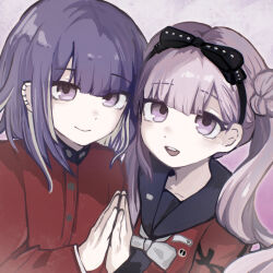 1boy 1girl baibaibaibai191 black_bow black_hairband black_sailor_collar bow bowtie brother_and_sister chinese_commentary closed_mouth colored_inner_hair commentary_request earclip hair_bow hairband hand_on_another&#039;s_hand highres jacket long_hair long_sleeves medium_hair multicolored_hair open_mouth pink_background pink_eyes pink_hair procreate_(medium) purple_hair red_jacket red_shirt sailor_collar sailor_shirt shirt siblings smile teeth the_hundred_line_-last_defense_academy- tsukumo_ima tsukumo_kako twins twintails two-tone_hair upper_teeth_only white_bow white_bowtie white_hair