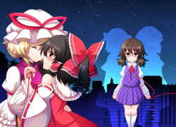 3girls ahoge alternate_hairstyle black_hair blonde_hair blush bow brown_eyes brown_hair cityscape closed_eyes collared_shirt commentary_request detached_sleeves dress face-to-face forest frilled_dress frilled_shirt_collar frills glasses hair_between_eyes hair_bow hair_tubes hair_up hakurei_reimu hand_on_another&#039;s_back hat hat_ribbon hug kneehighs long_sleeves looking_at_another low_twintails maribel_hearn mob_cap multiple_girls nature night night_sky no_headwear plaid_clothes plaid_skirt plaid_vest pleated_skirt ponytail puffy_long_sleeves puffy_sleeves purple_skirt purple_vest red-framed_eyewear red_shirt red_skirt ribbon ribbon-trimmed_sleeves ribbon_trim school_uniform semi-rimless_eyewear shiohachi shirt short_hair short_ponytail sidelocks silhouette skirt sky smile socks star_(sky) starry_sky string string_of_fate tabard touhou twintails under-rim_eyewear usami_renko usami_sumireko vest white_dress wide_sleeves yakumo_yukari