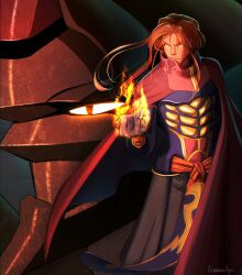 Rule 34 | 1boy, absurdres, armor, artist name, cape, clenched hand, flaming hand, grahf, highres, id (xenogears), linnaealyn, long hair, mecha, orange eyes, red hair, robot, standing, xenogears