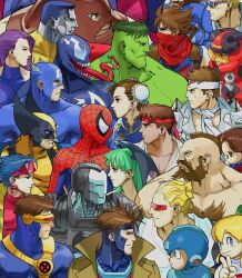 1998 6+boys 6+girls absurdres anita_(darkstalkers) armor beard bengus blonde_hair blue_eyes blue_hair bodysuit brown_hair bun_cover capcom captain_america captain_commando captain_commando_(character) chest_hair chun-li colored_skin colossus_(x-men) cyberbots cyclops_(x-men) darkstalkers double_bun earrings facial_hair gambit game_cg green_eyes green_hair green_skin grin hair_bun head-mounted_display head_wings headband helmet high_collar highres hulk jewelry jubilee juggernaut_(x-men) long_tongue looking_at_another looking_at_viewer marvel marvel_vs._capcom mega_man_(character) mega_man_(classic) mega_man_(series) mohawk morrigan_aensland multiple_boys multiple_girls mustache non-web_source official_art omokane_saki open_mouth opposing_sides power_armor psylocke purple_hair red_headband roll_(mega_man) ryu_(street_fighter) saotome_jin scarf sharp_teeth shoulder_spikes smile spider-man spider-man_(series) spikes street_fighter strider_(video_game) strider_hiryuu stubble superhero_costume symbiote teeth tongue tongue_out v venom_(marvel) war_machine wings wolverine_(x-men) x-men zangief zentai