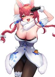 1girl :d absurdres alternate_hairstyle animal_ears armpits bare_shoulders black_gloves bow braid breasts brown_pantyhose cleavage commentary cosplay don-chan_(usada_pekora) english_commentary gloves hair_bow heterochromia highres hololive houshou_marine large_breasts long_hair looking_at_viewer open_mouth pantyhose rabbit_ears red_eyes red_hair scarf_(50464982) simple_background smile solo standing twin_braids usada_pekora usada_pekora_(1st_costume) usada_pekora_(cosplay) virtual_youtuber white_background white_bow yellow_eyes
