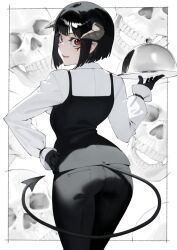 1girl ass black_gloves black_hair black_pants breasts closed_mouth commentary_request demon_girl demon_horns demon_tail from_behind gloves hime-sama_&quot;goumon&quot;_no_jikan_desu horns long_sleeves looking_at_viewer looking_back medium_breasts mi8pq pants pointy_ears red_eyes shirt short_hair skull solo tail torture_tortura white_shirt