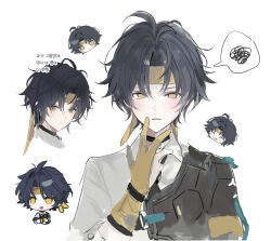 Rule 34 | 1boy, :d, ^ ^, antenna hair, asaba harumasa, black choker, black hair, blush, blush stickers, chibi, chibi inset, choker, closed eyes, closed mouth, commentary request, cropped torso, curtained hair, fang, gloves, gurh32, headband, highres, korean commentary, korean text, looking at viewer, male focus, multiple views, muneate, open mouth, parted lips, partially fingerless gloves, raised eyebrows, short hair, smile, spoken squiggle, squiggle, translation request, very short hair, yellow eyes, yellow gloves, yellow headband, zenless zone zero