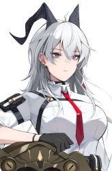 1girl absurdres ahoge arm_pouch black_choker black_eyes black_gloves black_horns black_pouch breasts chest_harness choker closed_mouth collared_shirt commentary curled_horns english_commentary gloves grey_hair hair_between_eyes harness highres horns key large_breasts long_hair multicolored_eyes multicolored_hair necktie petchi1999 red_eyes red_necktie shield shirt shirt_tucked_in solo streaked_hair two-tone_eyes white_shirt wuthering_waves zani_(wuthering_waves)