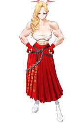 Rule 34 | 1girl, abs, absurdres, akemi (blue archive), belt, biceps, black belt, blonde hair, blue archive, blue eyes, boots, breasts, chain, chest sarashi, cleavage, crossed belts, delinquent, fingerless gloves, full body, gloves, hair over shoulder, halo, hands on own hips, highres, large breasts, long hair, long skirt, looking at viewer, mole, mole under eye, muscular, muscular female, parted lips, pleated skirt, red gloves, red halo, red skirt, sarashi, shiny skin, simple background, skirt, solo, standing, sukeban, white background, white boots, wonbin lee