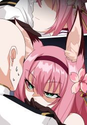 1boy 1girl angry animal_ear_fluff azur_lane bald brown_gloves comic commander_(azur_lane) flower fox_girl glaring gloves green_eyes hair_flower hair_ornament hanazuki_(azur_lane) highres long_hair looking_at_another peacoat pink_flower pink_hair scared silent_comic smelling sweat sweatdrop winterfall_(artenh)