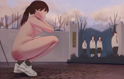 2boys 3girls breasts clothed_female_nude_female clothed_male_nude_female faceless faceless_female faceless_male highres huaca humiliation multiple_boys multiple_girls nude original outdoors perky_breasts ponytail public_indecency public_nudity school_gate school_gateway school_uniform shoes sneakers socks squatting tagme walking whip_marks