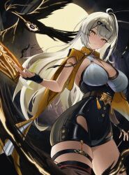 1girl absurdres bird black_bird black_gloves black_shorts breasts chowol fingerless_gloves gloves high-waist_shorts highres mole mole_on_breast mole_on_chest shorts single_hair_intake single_thighhigh solo thighhighs vest white_hair yellow_eyes yellow_vest yi_xuan_(zenless_zone_zero) yin_yang_pin zenless_zone_zero