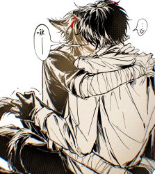 ... 2boys anger_vein animal_ear_piercing animal_ears bandaged_arm bandages cat_boy cat_ears cat_tail chinese_commentary chinese_text commentary_request gloves greyscale highres hug kemonomimi_mode li_yuting_(male) long_sleeves male_focus monochrome multiple_boys pants shiyu_sandu short_hair sleeves_rolled_up spoken_ellipsis spot_color tail touqi_guaitan translation_request trembling yaoi ziche_fuzhao