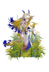 1girl absurdres arknights bare_shoulders bead_necklace beads breasts brooch closed_mouth collarbone dragon_girl dragon_horns dragon_tail earrings eastern_dragon_horns eastern_dragon_tail green_eyes guibin hair_between_eyes hair_ornament highres holding holding_plant horns jewelry long_hair looking_at_viewer medium_breasts necklace plant pointy_ears rice_(plant) shirt shu_(arknights) simple_background smile solo standing strapless strapless_shirt tail tassel tassel_earrings tube_top white_background white_tube_top