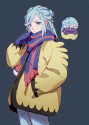 1boy absurdres blue_eyes blue_hair blue_mittens closed_mouth cold commentary_request creatures_(company) game_freak grusha_(pokemon) hand_in_pocket highres io_(sinking=carousel) jacket long_hair long_sleeves looking_at_viewer male_focus mittens multiple_views nintendo pokemon pokemon_sv runny_nose scarf simple_background snot two-tone_scarf