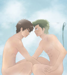2boys abs ace_of_diamond bathroom blush handjob kuramochi_youichi male_focus multiple_boys muscular nude pectorals penis same-sex_bathing sawamura_eijun shared_bathing shower siroki steam tagme yaoi