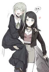 2girls :d absurdres arm_around_shoulder bang_dream! bang_dream!_it&#039;s_mygo!!!!! belt belt_buckle black_belt black_choker black_dress black_hair black_jacket blue_eyes blue_ribbon blush brown_shoes brown_shorts buckle carrying carrying_person child_carry chinese_text choker closed_mouth collarbone cowboy_shot crop_top dress flower_symbol frilled_choker frills green_eyes green_hair guitar_case hair_ornament hairclip hand_on_another&#039;s_shoulder highres holding instrument_case jacket kuliukunkunkunkunkunkunkun light_smile long_dress long_hair long_sleeves looking_ahead midriff mortis_(bang_dream!) mortis_(persona)_(bang_dream!) motion_lines multiple_girls neck_ribbon open_clothes open_jacket open_mouth red_shirt ribbon shirt shoes shorts simple_background smile speech_bubble standing translation_request wakaba_mutsumi white_background yahata_umiri