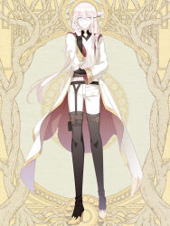 Rule 34 | 1boy, belt, black boots, black undershirt, blonde hair, boots, brown belt, closed mouth, coat, dairoku ryouhei, earrings, flower, full body, garter belt, garter straps, glasses, hair between eyes, hair flower, hair ornament, hair stick, hand on own cheek, hand on own face, high heel boots, high heels, jewelry, l (matador), layered sleeves, long hair, long sleeves, looking at viewer, male focus, mandarin collar, open clothes, open coat, pants, pink eyes, pink flower, pointy ears, pouch, red coat, roux dailuaine, shirt, single garter strap, single sidelock, sleeves past wrists, smile, solo, standing, thigh boots, thigh pouch, two-sided coat, two-sided fabric, very long hair, white coat, white pants, white shirt, yellow background