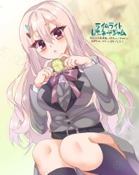 1girl belt black_belt black_socks blurry blurry_background blush bow bowtie breasts buttons commentary_request copyright_name double-parted_bangs dutch_angle eyelashes eyes_visible_through_hair feet_out_of_frame floating_hair food four-finger_heart_hands fruit fuyukichi_(nikoniko1567) grey_jacket grey_skirt hair_between_eyes hair_ornament hairclip hands_up harumi_ena heart heart_hands highres holding holding_food holding_fruit jacket kneehighs large_breasts lime_(fruit) lime_slice limelight_lemonade_jam long_hair long_sleeves looking_at_viewer open_mouth parallel_hairclips pink_hair purple_bow purple_bowtie red_eyes school_uniform shirt simple_background skirt socks solo squatting translation_request very_long_hair white_shirt