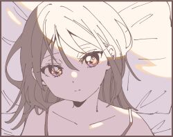 1girl bare_shoulders brown_eyes brown_hair closed_mouth collarbone expressionless eyelashes futon highres looking_at_viewer lying medium_hair namori original pillow sidelighting solo spaghetti_strap sunlight