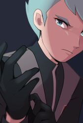 Rule 34 | 1boy, adjusting clothes, adjusting gloves, archer (pokemon), black gloves, black shirt, blurry, closed mouth, depth of field, frown, gloves, green eyes, green hair, grey vest, hands up, highres, long sleeves, looking at viewer, male focus, nakikot t, nintendo, pokemon, pokemon lgpe, shirt, short hair, solo, upper body, vest