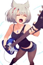 Rule 34 | 1girl, black gloves, blue shorts, breasts, brown pantyhose, closed eyes, collarbone, electric guitar, fangs, fingerless gloves, fishnet pantyhose, fishnets, gloves, guitar, highres, holding, holding instrument, instrument, medium breasts, midriff, mio (xenoblade), open mouth, pantyhose, short hair, shorts, solo, standing, white background, xenoblade chronicles (series), xenoblade chronicles 3, zelc-face