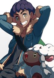1boy bite_addict black_pants black_shirt blue_jacket bright_pupils brown_eyes dark-skinned_male dark_skin fur-trimmed_jacket fur_trim gen_8_pokemon green_bag grin highres hop_(pokemon) jacket male_focus nintendo open_clothes open_jacket pants pokemon pokemon_(creature) pokemon_swsh purple_hair shirt short_hair simple_background smile teeth three-quarter_sleeves white_background white_pupils wooloo