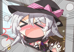 Rule 34 | &gt; &lt;, 1boy, 1girl, ^^^, ayachi nene, black cape, black hat, blush, bow, brown hair, cape, chibi, chibi only, commentary request, commission, dx48927219, embarrassed, emphasis lines, eyes visible through hair, flying sweatdrops, grey hair, hair between eyes, hair bow, hat, highres, hoshina shuuji, komowata haruka (style), leaning out of window, long hair, nose blush, o o, open mouth, outdoors, pixiv commission, sanoba witch, short hair, solo focus, sweatdrop, v-shaped eyebrows, watermark, wavy mouth, window, witch, witch hat, yellow bow