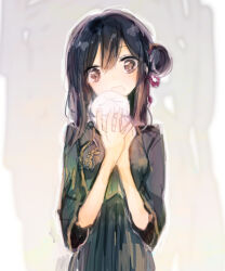 1girl :d steamed_bun black_hair blush brown_eyes chinese_clothes dress food green_dress hair_between_eyes hair_bun highres holding holding_food kazuka long_hair looking_at_viewer open_mouth original single_hair_bun smile solo upper_body