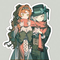 Rule 34 | 2girls, absurdres, ascot, black coat, black pants, blue bow, blue ribbon, blush, bow, checkered hairband, closed mouth, coat, cowboy shot, dress, gloves, green eyes, grey background, grey eyes, grey vest, hair bun, hairband, hands up, hat, hat bow, hat ribbon, highres, ligne claire, long hair, long sleeves, multiple girls, one eye closed, orange hair, outline, pants, red scarf, reverse:1999, ribbon, scarf, shared clothes, shared scarf, single side bun, smile, sonetto (reverse:1999), top hat, vertin (reverse:1999), vest, waistcoat, white ascot, white dress, white gloves, white outline, yuri, zhizhizi
