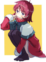 Rule 34 | 1girl, akayama yukihe, amano mishio, black thighhighs, blue eyes, blush, bow, bowtie, capelet, closed mouth, commentary request, dress, dress tug, from side, frown, full body, green bow, green bowtie, hand up, highres, jitome, kanon, long sleeves, looking at viewer, medium hair, no shoes, red dress, red hair, school uniform, simple background, solo, squatting, thighhighs, white capelet, yellow background