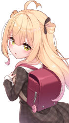 1girl :o aged_down ahoge alternate_hair_length alternate_hairstyle anto_mel aria_(koiiroharemoyou) backpack bag black_dress blonde_hair child dress from_behind hands_up heart heart_ahoge heart_in_eye highres holding_strap light_blush long_hair long_sleeves looking_back maid_dolce parted_lips plaid_clothes plaid_dress randoseru red_bag sidelocks simple_background symbol_in_eye two_side_up white_background yellow_eyes