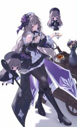 1girl absurdres alternate_costume bare_shoulders black_boots black_dress black_pantyhose boots breasts brown_hair cleavage closed_mouth commentary_request cup detached_sleeves dress enmaided hair_ornament headdress herta_(honkai:_star_rail) highres holding holding_cup honkai:_star_rail honkai_(series) knee_boots long_hair maid medium_breasts pantyhose purple_eyes sasa_(sasa_ekakiman) simple_background smile solo teacup the_herta_(honkai:_star_rail) vase very_long_hair white_background