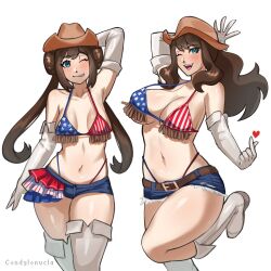 2girls bikini bikini_under_clothes blue_eyes boots brown_hair condylonucla cowboy_hat crop_top denim denim_shorts gloves hat highres hilda_(pokemon) long_hair multiple_girls nintendo pokemon pokemon_bw pokemon_bw2 rosa_(pokemon) shorts swimsuit
