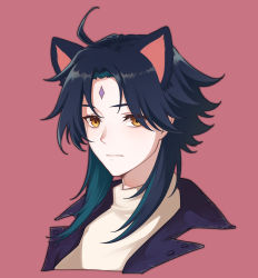 1boy ahoge animal_ears black_hair brill_p cat_ears closed_mouth diamond_(shape) eyes_visible_through_hair genshin_impact green_hair head highres looking_at_viewer male_focus multicolored_hair parted_bangs pink_background portrait short_hair_with_long_locks simple_background solo two-tone_hair xiao_(genshin_impact) yellow_eyes