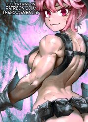 Rule 34 | 1girl, alternate breast size, ass, black gloves, breasts, closed mouth, commentary, cropped, english commentary, english text, from behind, gloves, jakuzure nonon, kill la kill, large breasts, looking at viewer, looking back, medium breasts, muscular, muscular female, nudist beach uniform, paid reward available, patreon username, pink eyes, pink hair, pouch, revealing clothes, solo, sweat, the golden smurf, watermark, web address
