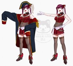 1girl absurdres bicorne black_coat boots breasts coat covered_navel epaulettes eyepatch full_body gloves hair_ribbon hand_on_own_hip hat heterochromia high_heel_boots high_heels highres hololive houshou_marine houshou_marine_(1st_costume) large_breasts legs leotard leotard_under_clothes multiple_views ojipon open_mouth pirate_hat pleated_skirt red_eyes red_hair red_ribbon red_skirt ribbon simple_background skirt sleeveless sleeves_past_fingers sleeves_past_wrists standing thighhighs twintails virtual_youtuber watermark white_gloves yellow_eyes zettai_ryouiki