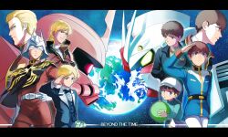 2boys absurdres age_progression amuro_ray arm_up belt black_jacket blonde_hair blue_bow blue_bowtie blue_eyes blue_jacket blue_pants blue_vest bouquet bow bowtie brown_hair newsboy_cap casval_rem_deikun center_frills char&#039;s_counterattack char_aznable closed_mouth commentary_request curly_hair earth_(planet) earth_federation english_text epaulettes face-to-face facing_viewer flower formal_clothes frills gloves glowing glowing_eye green_eyes green_shirt gundam hand_on_own_hip hands_in_pockets haro hat helmet highres holding holding_bouquet horns jacket long_sleeves looking_to_the_side looking_up male_focus mask mecha military military_jacket military_uniform mobile_suit mobile_suit_gundam mobile_suit_gundam_the_origin multiple_boys non-humanoid_robot oh_syz one-eyed pants planet profile quattro_bajeena red_jacket red_pants removing_eyewear robot rx-78-2_gundam salute science_fiction shirt short_hair shorts single_horn sleeveless sleeveless_jacket smile space star_(sky) suit suit_jacket sunglasses v-fin vest white_belt white_gloves white_headwear white_pants white_shirt white_shorts zaku_ii_s_char_custom zeon zeta_gundam