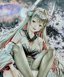 azur_lane breasts brown_eyes brown_hair hatsuzuki_(azur_lane) highres horns japanese_clothes katsu_(24791909) long_hair marker_(medium) medium_breasts moon nipples open_mouth pantyhose snow traditional_media