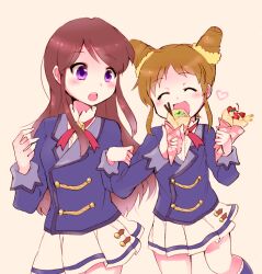 2girls aikatsu!_(series) arisugawa_otome blush brown_hair cone_hair_bun crepe food food_theft hair_bun jacket locked_arms long_hair long_sleeves looking_at_another multiple_girls open_mouth pleated_skirt purple_eyes purple_jacket red_ribbon ribbon shibuki_ran skirt tarabagani white_skirt