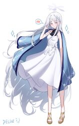 1girl absurdres artist_name blue_archive blue_haori dress felice_ykr full_body grey_eyes hair_ornament halo haori haori_on_shoulders highres japanese_clothes long_hair looking_at_viewer nagusa_(blue_archive) signature simple_background sleeveless sleeveless_dress snowflake_hair_ornament solo spoken_blush standing white_background white_dress white_hair white_halo