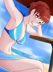1girl absurdres beach bikini blue_sky breasts brown_hair cloud day enbu_(enbu_steel00) highres looking_at_viewer ocean open_mouth outdoors persona persona_3 persona_3_portable red_eyes shiomi_kotone short_hair sky smile solo sunlight swimsuit water