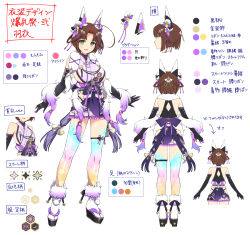 1girl ahoge animal_ears bob_cut breasts brown_hair color_guide concept_art elbow_gloves fake_animal_ears fox_ears from_behind fur_trim gloves green_eyes hair_ornament hair_rings highres japanese_clothes kimono large_breasts multiple_views official_alternate_costume official_alternate_hairstyle official_art okobo open_mouth platform_footwear platform_sandals sandals senran_kagura senran_kagura_new_link short_hair sideboob skirt sleeveless sleeveless_kimono smile thighhighs translation_request ui_(senran_kagura)