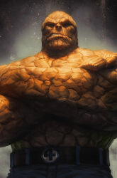 Rule 34 | 1boy, artist name, belt, ben grimm, black belt, blue shorts, clenched teeth, colored skin, commentary, crossed arms, english commentary, fantastic four, frown, grey background, highres, looking at viewer, male focus, marvel, muscular, muscular male, official art, orange skin, parted lips, shorts, signature, solo, stanley lau, teeth, textless version, ben grimm, topless male, v-shaped eyebrows