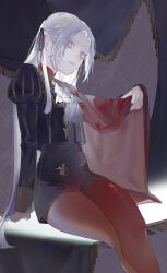 1girl arm_up capelet closed_mouth commentary_request edelgard_von_hresvelg fire_emblem fire_emblem:_three_houses from_side garreg_mach_monastery_uniform hair_ribbon highres juliet_sleeves leaning_to_the_side long_hair long_sleeves looking_at_viewer looking_to_the_side mikan_0127 nintendo pantyhose parted_bangs pink_lips puffy_sleeves purple_eyes purple_ribbon red_capelet red_nails red_pantyhose ribbon shade sitting solo thick_thighs thighs white_hair