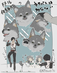 1boy 1girl absurdres animal animal_hands baby_animal black_hair clive_rosfield dog final_fantasy final_fantasy_xvi grey_hair highres holding holding_animal iinn0_0 jill_warrick petting puppy short_hair simple_background square_enix torgal_(ff16) translation_request