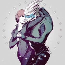 Rule 34 | 1boy, 1girl, commander shepard, commander shepard (female), couple, garrus vakarian, holding hands, mass effect (series), stars, tumblr, turian, wei