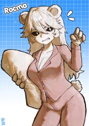 Rule 34 | 0opsien, 1girl, absurdres, animal ears, bear ears, bear girl, bear paws, bear tail, black sclera, blue background, breasts, buttons, character name, cleavage, collarbone, colored sclera, colored skin, funamusea, gradient background, grid background, highres, holding, holding pillow, ice scream, large breasts, long hair, pajamas, paw pose, pillow, pink pajamas, rocma (funamusea), sharp teeth, solo, tail, teeth, watermark, white background, white skin