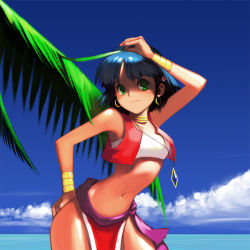 1990s_(style) 1girl arched_back bandeau bandeau_bikini blue_hair bob_cut bracelet cloud day earrings female_focus fushigi_no_umi_no_nadia green_eyes hair_ornament hairclip jewelry kamdia loincloth midriff nadia_la_arwall navel neck_ring necklace ocean outdoors palm_tree pelvic_curtain retro_artstyle short_hair skinny sky slender solo strapless tree tube_top vest