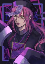 1boy absurdres alternate_costume bead_necklace beads black_hat black_shirt chinese_clothes commentary commentary_request diavolo ei_k20 green_eyes green_hair hat highres jewelry jiangshi jiangshi_costume jojo_no_kimyou_na_bouken long_hair long_sleeves makeup male_focus multicolored_hair necklace ofuda pink_hair pink_lips polka_dot polka_dot_hair qingdai_guanmao shirt sleeves_past_fingers sleeves_past_wrists solo talisman upper_body vento_aureo